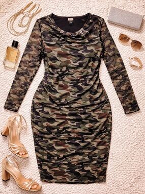Nina Parker 1X Plus Size Camo Bodycon Mesh Sleeve Dress NWT Trendy